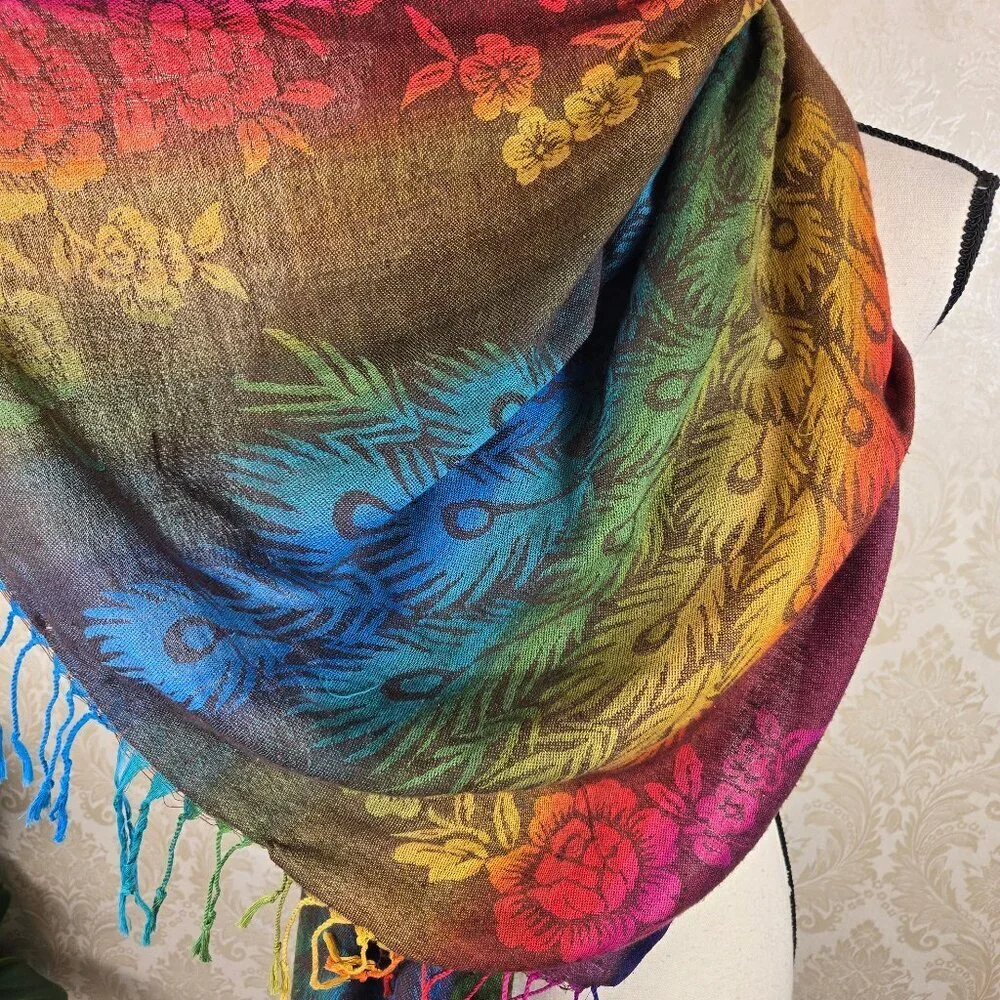 Mulitcolor Rainbow Peacock Floral Themed Oblong Scarf Fringed Ends Lightweight